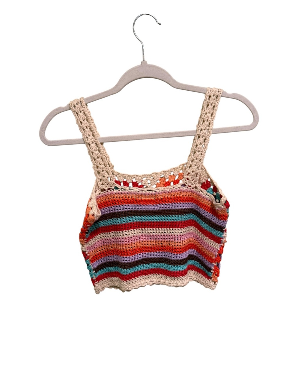 NWOT Cotton Emporium Soft Cream Crochet Crop Top w/ Multicolor Squares Coastal - Picture 3 of 3